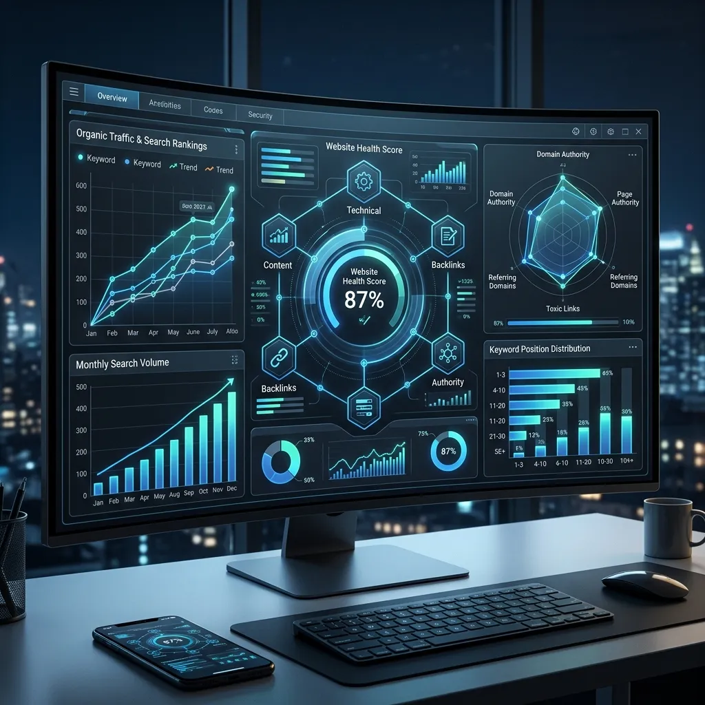 Professional SEO site audit report visualization - high-tech data charts and ranking graphs