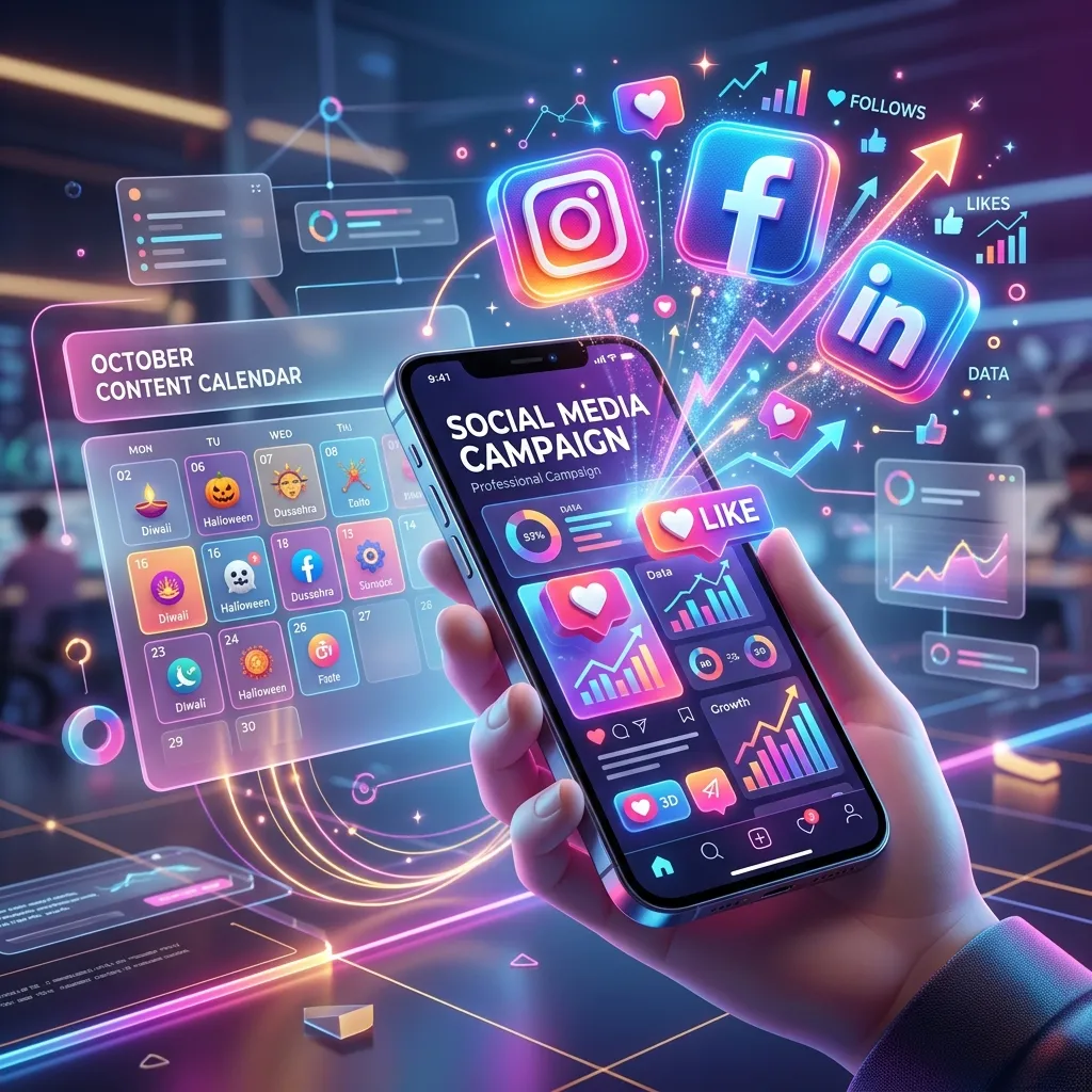 Vibrant social media marketing campaign visualization with Instagram, Facebook, and LinkedIn focus